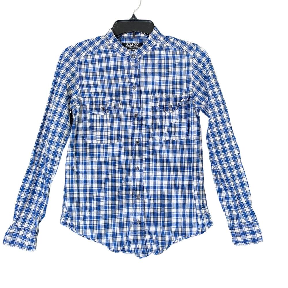 C.C Filson Mens Shirt Blue White Plaid Long Sleeve Button Down 100% Cotton XS